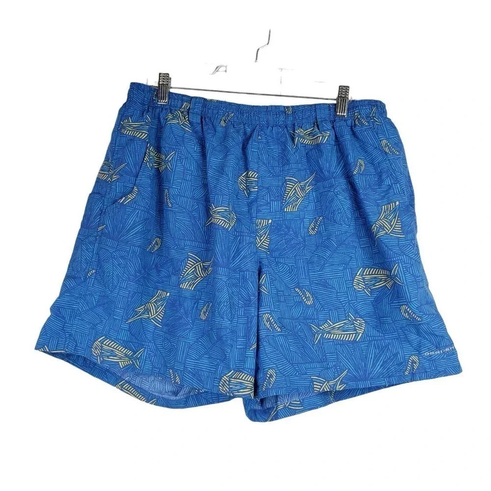 Columbia Omni-Shade Men’s Swim Trunks Blue Size XL Geometric Fish PFG Pockets